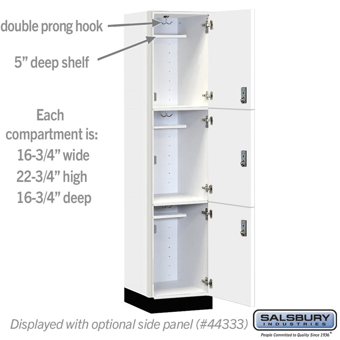 Salsbury 18" Wide Premier Wood Locker - Triple Tier - 1 Wide - 6 Feet High - 18" Deep - Arctic White - Resettable Combination Locks - Sweatfully