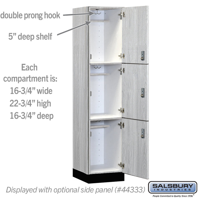 Salsbury 18" Wide Premier Wood Locker - Triple Tier - 1 Wide - 6 Feet High - 18" Deep - Silver Teak - Resettable Combination Locks - Sweatfully