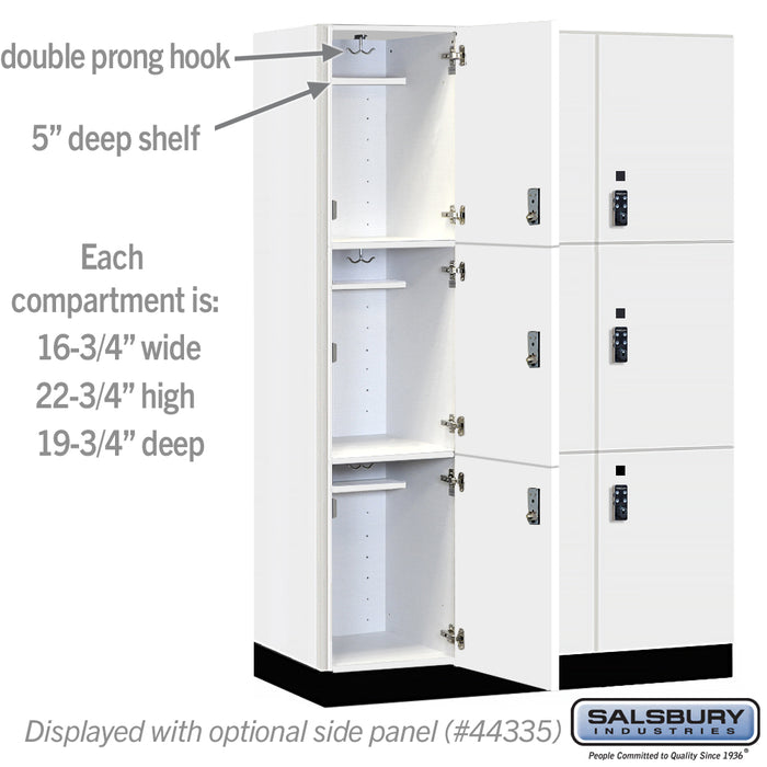 Salsbury 18" Wide Premier Wood Locker - Triple Tier - 3 Wide - 6 Feet High - 21" Deep - Arctic White - Resettable Combination Locks - Sweatfully