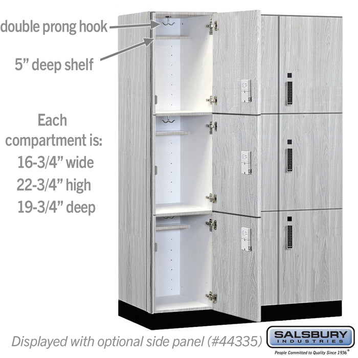 Salsbury 18" Wide Premier Wood Locker - Triple Tier - 3 Wide - 6 Feet High - 21" Deep - Silver Teak - Electronic Locks - Sweatfully