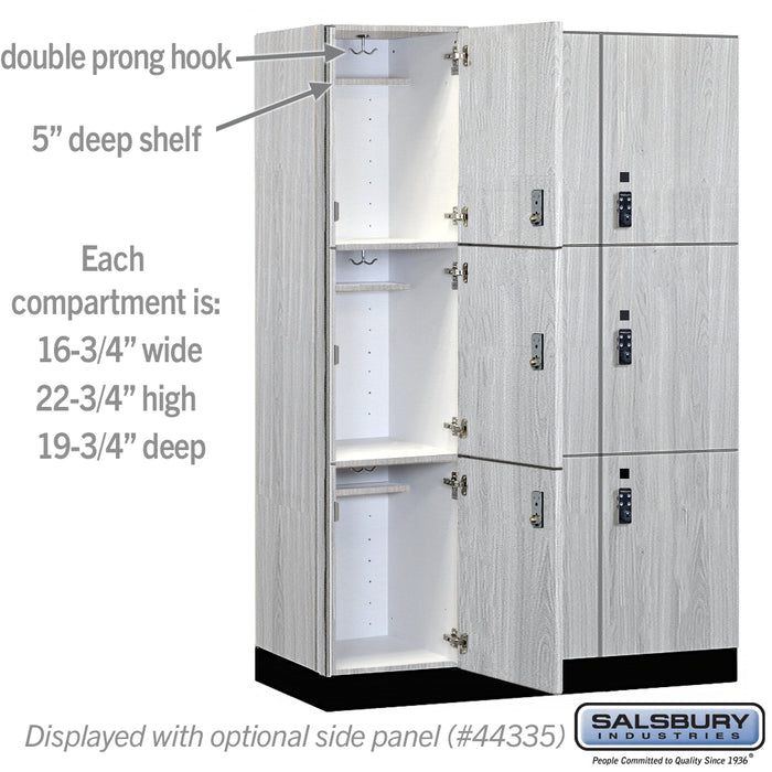 Salsbury 18" Wide Premier Wood Locker - Triple Tier - 3 Wide - 6 Feet High - 21" Deep - Silver Teak - Resettable Combination Locks - Sweatfully