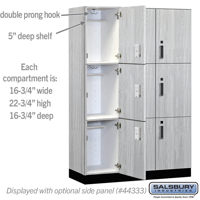 Salsbury 18" Wide Premier Wood Locker - Triple Tier - 3 Wide - 6 Feet High - 18" Deep - Silver Teak - Electronic Locks - Sweatfully