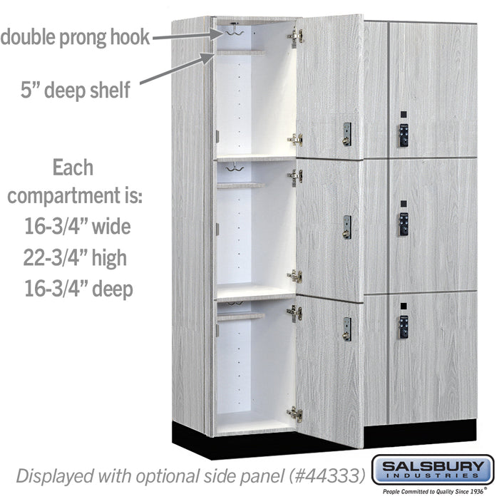 Salsbury 18" Wide Premier Wood Locker - Triple Tier - 3 Wide - 6 Feet High - 18" Deep - Silver Teak - Resettable Combination Locks - Sweatfully