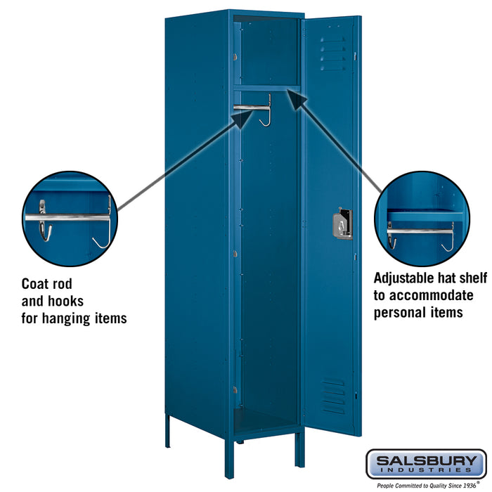 Salsbury 18" Wide Single Tier Standard Metal Locker - 1 Wide - 6 Feet High - 21 Inches Deep - Blue - Assembled - Sweatfully