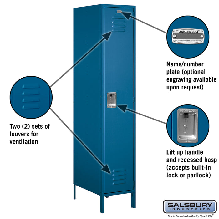 Salsbury 18" Wide Single Tier Standard Metal Locker - 1 Wide - 6 Feet High - 21 Inches Deep - Blue - Unassembled - Sweatfully