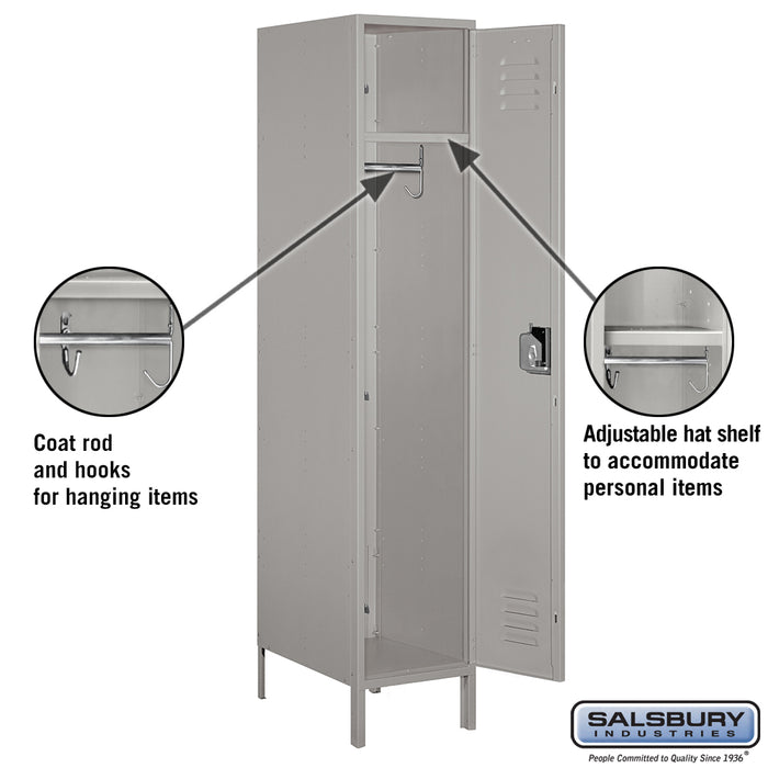 Salsbury 18" Wide Single Tier Standard Metal Locker - 1 Wide - 6 Feet High - 21 Inches Deep - Gray - Assembled - Sweatfully
