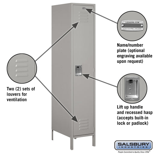 Salsbury 18" Wide Single Tier Standard Metal Locker - 1 Wide - 6 Feet High - 21 Inches Deep - Gray - Unassembled - Sweatfully