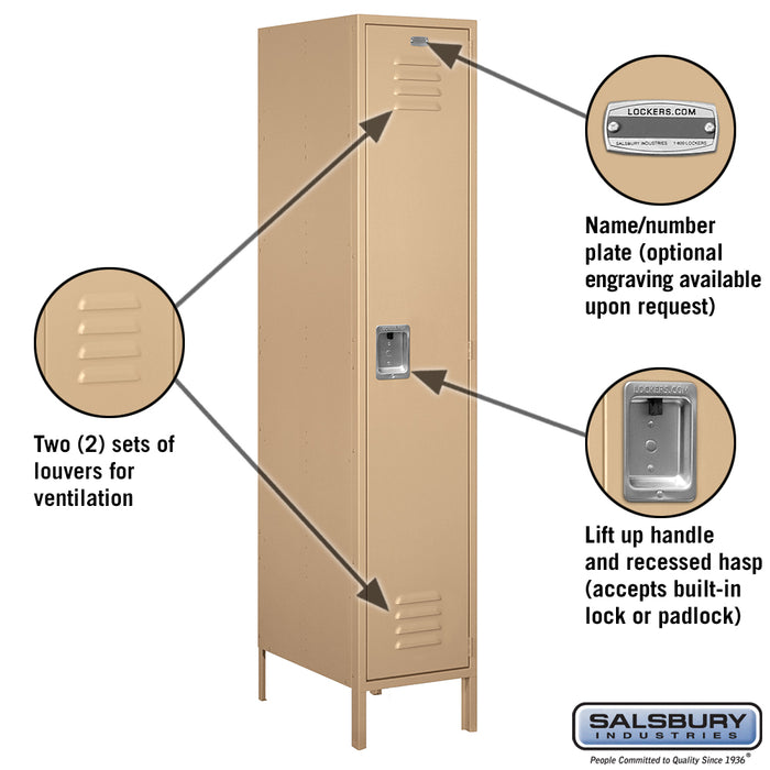 Salsbury 18" Wide Single Tier Standard Metal Locker - 1 Wide - 6 Feet High - 21 Inches Deep - Tan - Assembled - Sweatfully