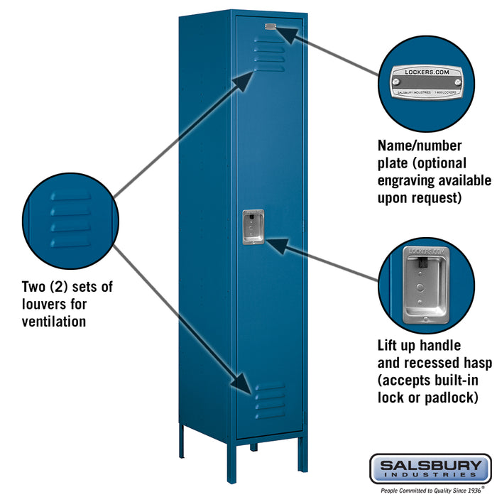 Salsbury 18" Wide Single Tier Standard Metal Locker - 1 Wide - 6 Feet High - 18 Inches Deep - Blue - Assembled - Sweatfully