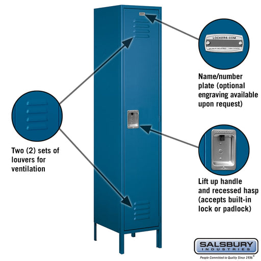 Salsbury 18" Wide Single Tier Standard Metal Locker - 1 Wide - 6 Feet High - 18 Inches Deep - Blue - Unassembled - Sweatfully