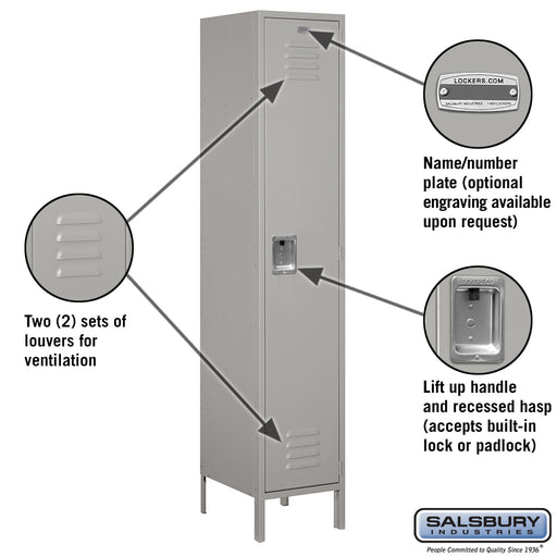 Salsbury 18" Wide Single Tier Standard Metal Locker - 1 Wide - 6 Feet High - 18 Inches Deep - Gray - Assembled - Sweatfully