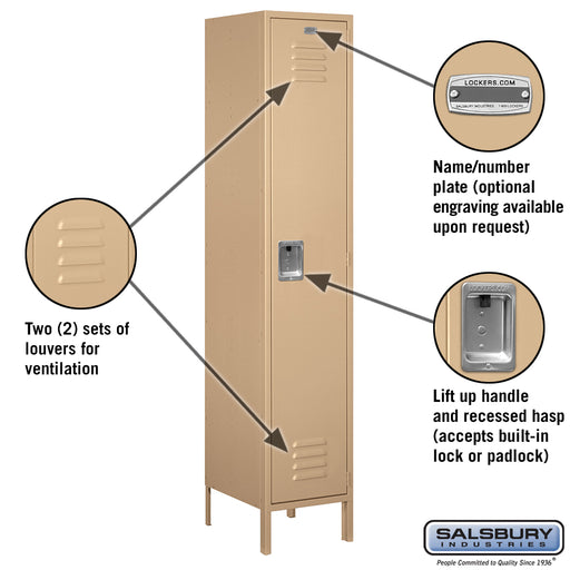 Salsbury 18" Wide Single Tier Standard Metal Locker - 1 Wide - 6 Feet High - 18 Inches Deep - Tan - Unassembled - Sweatfully