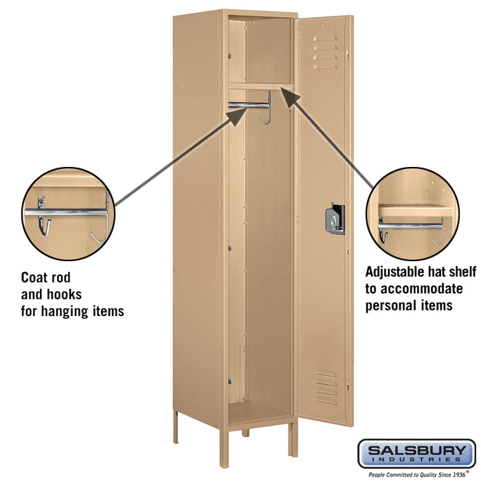 Salsbury 18" Wide Single Tier Standard Metal Locker - 1 Wide - 6 Feet High - 18 Inches Deep - Tan - Unassembled - Sweatfully