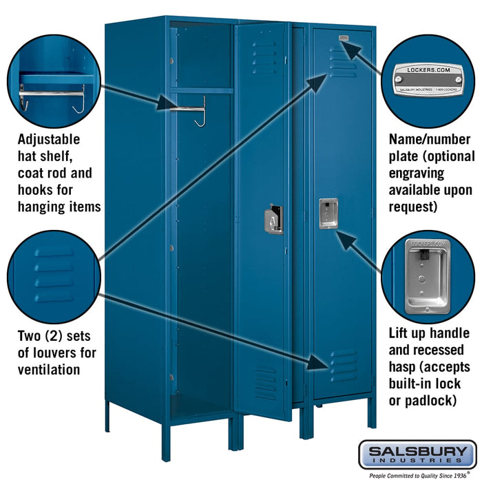 Salsbury 18" Wide Single Tier Standard Metal Locker - 3 Wide - 6 Feet High - 21 Inches Deep - Blue - Assembled - Sweatfully