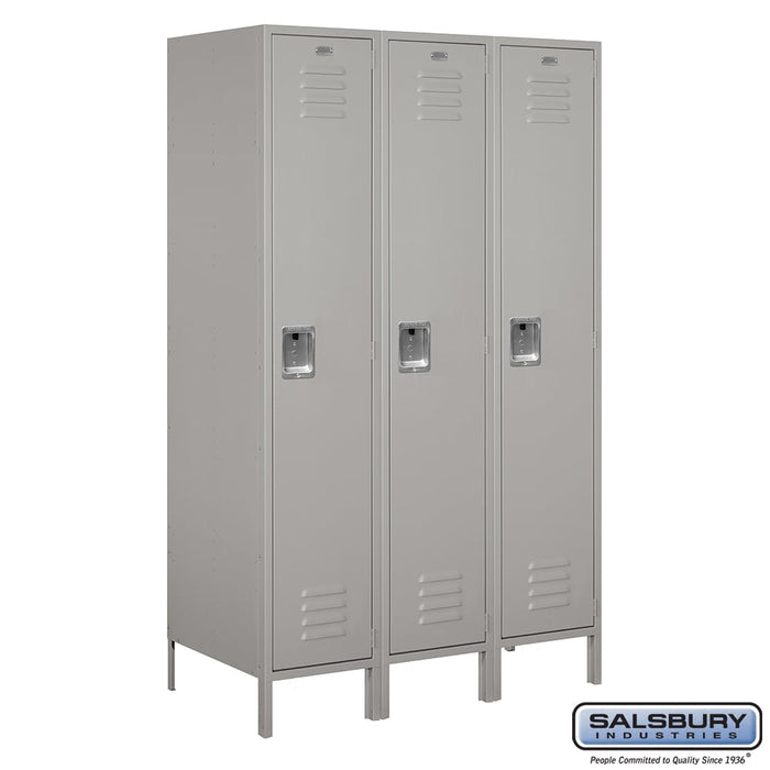 Salsbury 18" Wide Single Tier Standard Metal Locker - 3 Wide - 6 Feet High - 21 Inches Deep - Gray - Assembled - Sweatfully
