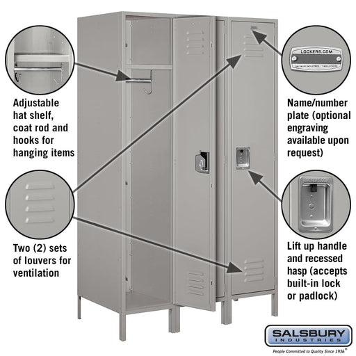 Salsbury 18" Wide Single Tier Standard Metal Locker - 3 Wide - 6 Feet High - 21 Inches Deep - Gray - Unassembled - Sweatfully