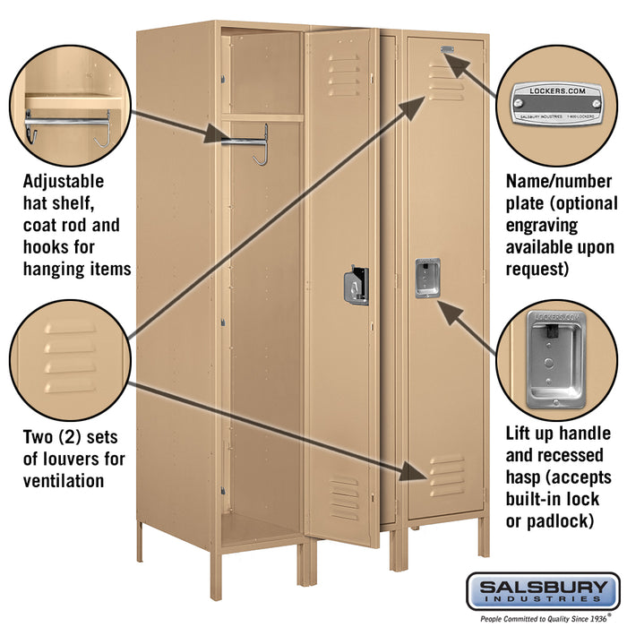 Salsbury 18" Wide Single Tier Standard Metal Locker - 3 Wide - 6 Feet High - 21 Inches Deep - Tan - Assembled - Sweatfully