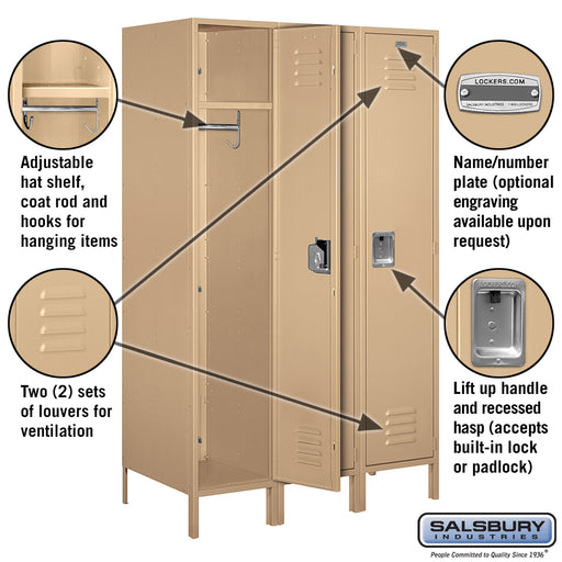 Salsbury 18" Wide Single Tier Standard Metal Locker - 3 Wide - 6 Feet High - 21 Inches Deep - Tan - Unassembled - Sweatfully