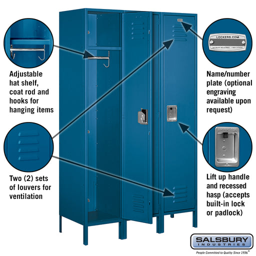 Salsbury 18" Wide Single Tier Standard Metal Locker - 3 Wide - 6 Feet High - 18 Inches Deep - Blue - Assembled - Sweatfully