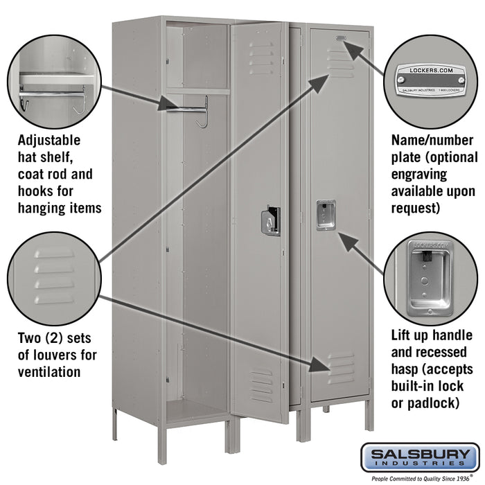 Salsbury 18" Wide Single Tier Standard Metal Locker - 3 Wide - 6 Feet High - 18 Inches Deep - Gray - Assembled - Sweatfully