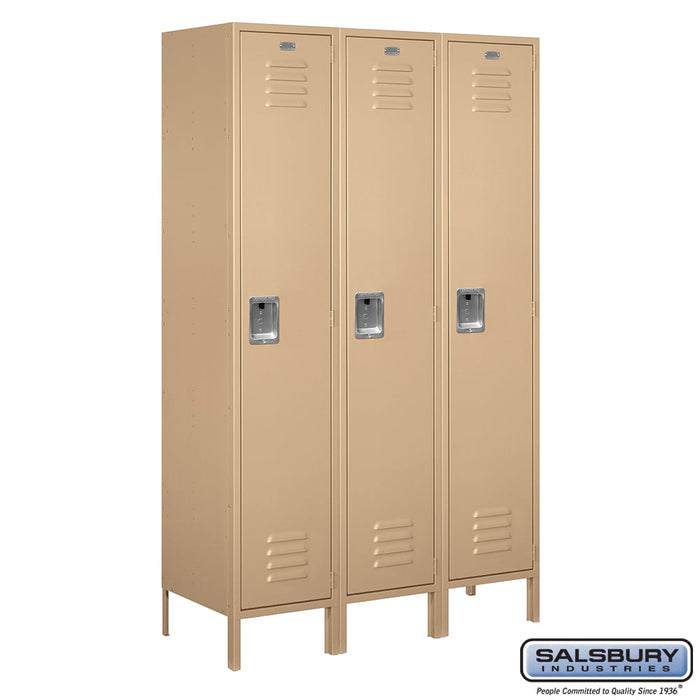 Salsbury 18" Wide Single Tier Standard Metal Locker - 3 Wide - 6 Feet High - 18 Inches Deep - Tan - Assembled - Sweatfully
