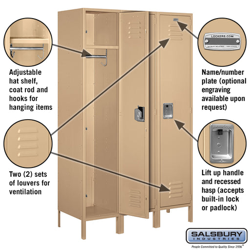Salsbury 18" Wide Single Tier Standard Metal Locker - 3 Wide - 6 Feet High - 18 Inches Deep - Tan - Unassembled - Sweatfully