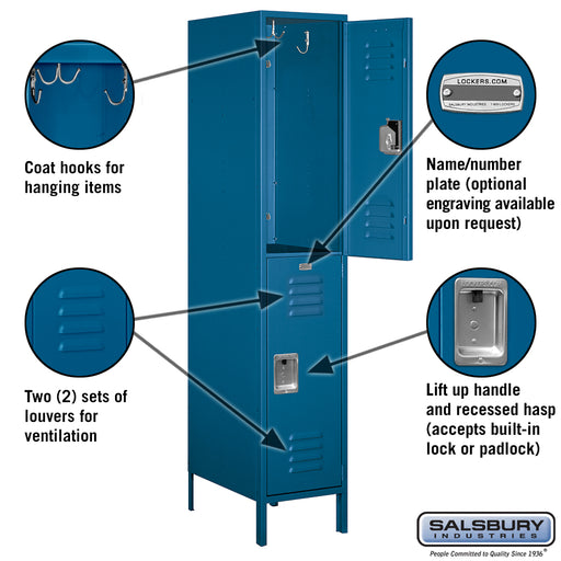 Salsbury 18" Wide Double Tier Standard Metal Locker - 1 Wide - 6 Feet High - 21 Inches Deep - Blue - Assembled - Sweatfully