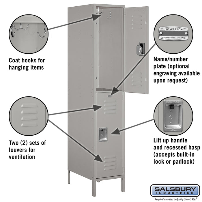 Salsbury 18" Wide Double Tier Standard Metal Locker - 1 Wide - 6 Feet High - 21 Inches Deep - Gray - Assembled - Sweatfully