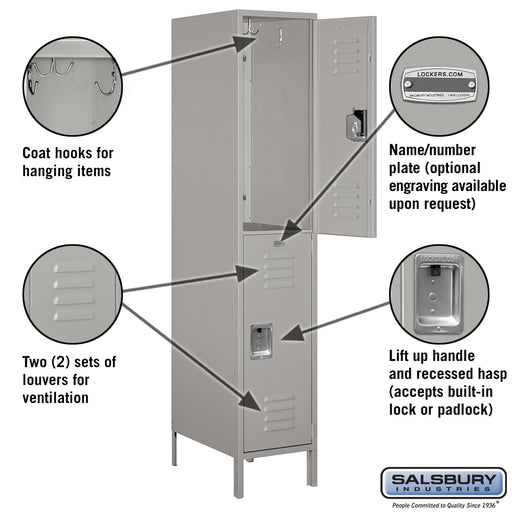 Salsbury 18" Wide Double Tier Standard Metal Locker - 1 Wide - 6 Feet High - 21 Inches Deep - Gray - Unassembled - Sweatfully