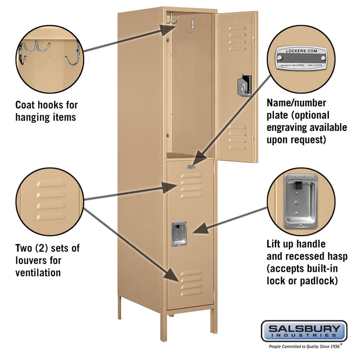 Salsbury 18" Wide Double Tier Standard Metal Locker - 1 Wide - 6 Feet High - 21 Inches Deep - Tan - Assembled - Sweatfully