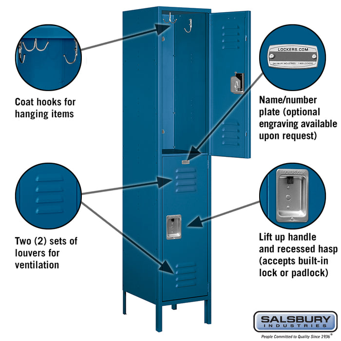 Salsbury 18" Wide Double Tier Standard Metal Locker - 1 Wide - 6 Feet High - 18 Inches Deep - Blue - Unassembled - Sweatfully