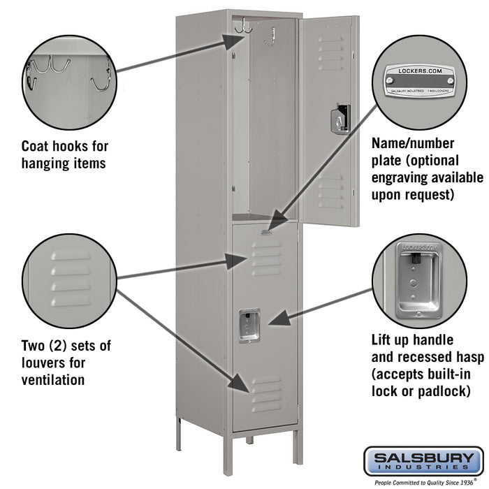 Salsbury 18" Wide Double Tier Standard Metal Locker - 1 Wide - 6 Feet High - 18 Inches Deep - Gray - Assembled - Sweatfully