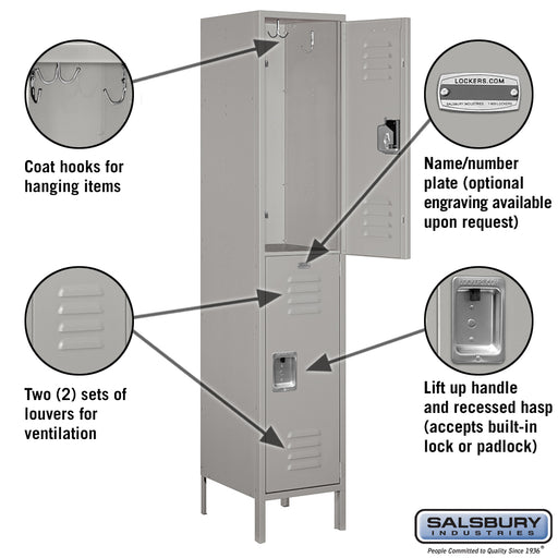 Salsbury 18" Wide Double Tier Standard Metal Locker - 1 Wide - 6 Feet High - 18 Inches Deep - Gray - Unassembled - Sweatfully