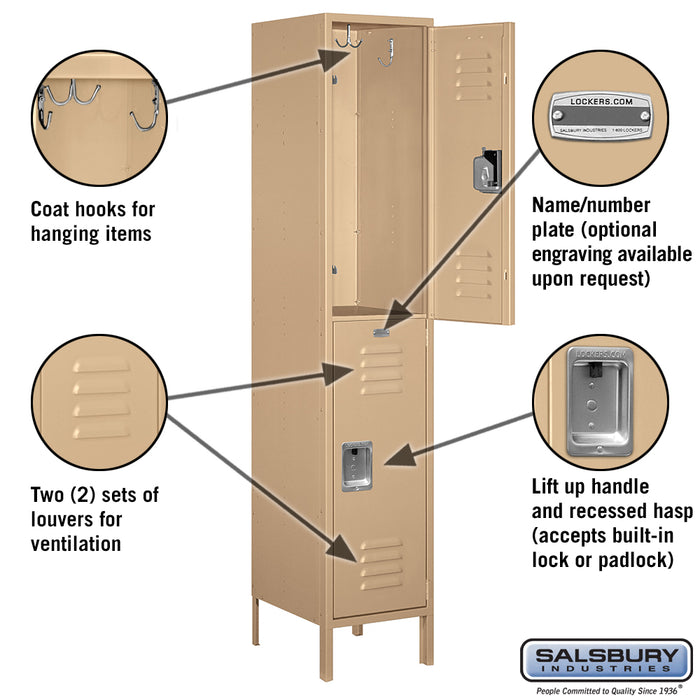 Salsbury 18" Wide Double Tier Standard Metal Locker - 1 Wide - 6 Feet High - 18 Inches Deep - Tan - Assembled - Sweatfully