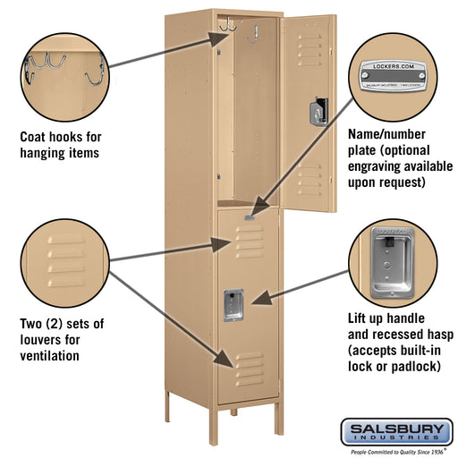 Salsbury 18" Wide Double Tier Standard Metal Locker - 1 Wide - 6 Feet High - 18 Inches Deep - Tan - Unassembled - Sweatfully