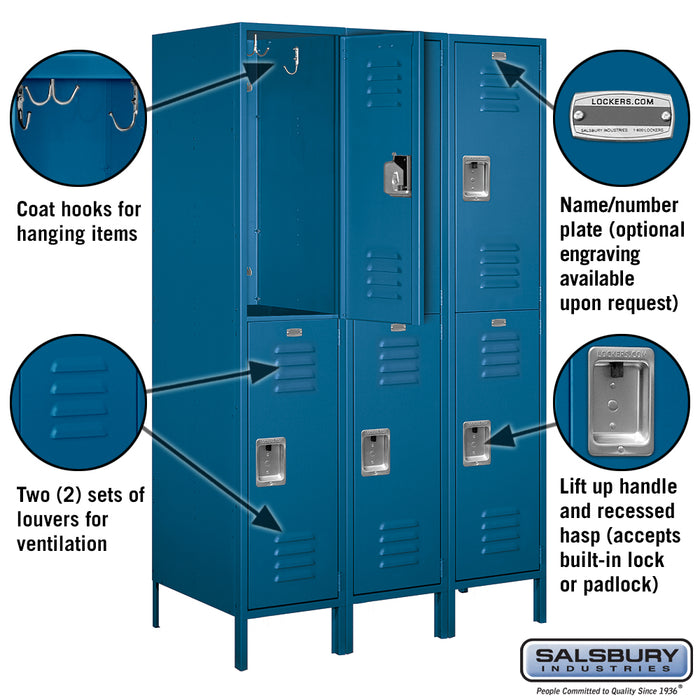 Salsbury 18" Wide Double Tier Standard Metal Locker - 3 Wide - 6 Feet High - 21 Inches Deep - Blue - Assembled - Sweatfully