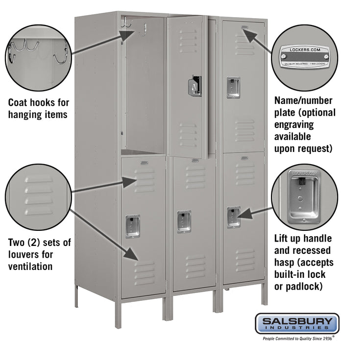 Salsbury 18" Wide Double Tier Standard Metal Locker - 3 Wide - 6 Feet High - 21 Inches Deep - Gray - Assembled - Sweatfully