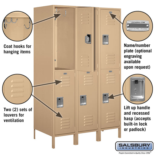 Salsbury 18" Wide Double Tier Standard Metal Locker - 3 Wide - 6 Feet High - 21 Inches Deep - Tan - Assembled - Sweatfully