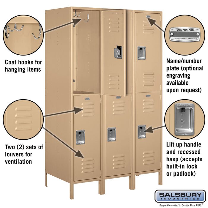 Salsbury 18" Wide Double Tier Standard Metal Locker - 3 Wide - 6 Feet High - 21 Inches Deep - Tan - Assembled - Sweatfully
