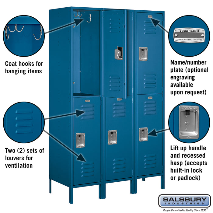 Salsbury 18" Wide Double Tier Standard Metal Locker - 3 Wide - 6 Feet High - 18 Inches Deep - Blue - Unassembled - Sweatfully