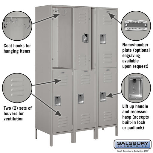Salsbury 18" Wide Double Tier Standard Metal Locker - 3 Wide - 6 Feet High - 18 Inches Deep - Gray - Assembled - Sweatfully