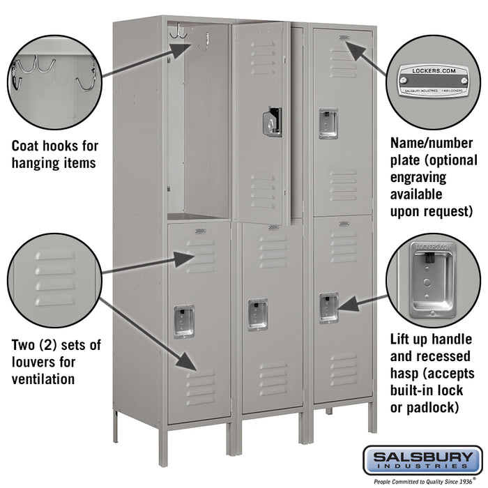 Salsbury 18" Wide Double Tier Standard Metal Locker - 3 Wide - 6 Feet High - 18 Inches Deep - Gray - Assembled - Sweatfully