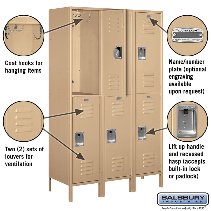 Salsbury 18" Wide Double Tier Standard Metal Locker - 3 Wide - 6 Feet High - 18 Inches Deep - Tan - Assembled - Sweatfully