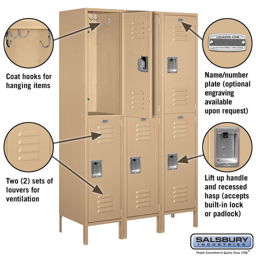 Salsbury 18" Wide Double Tier Standard Metal Locker - 3 Wide - 6 Feet High - 18 Inches Deep - Tan - Unassembled - Sweatfully