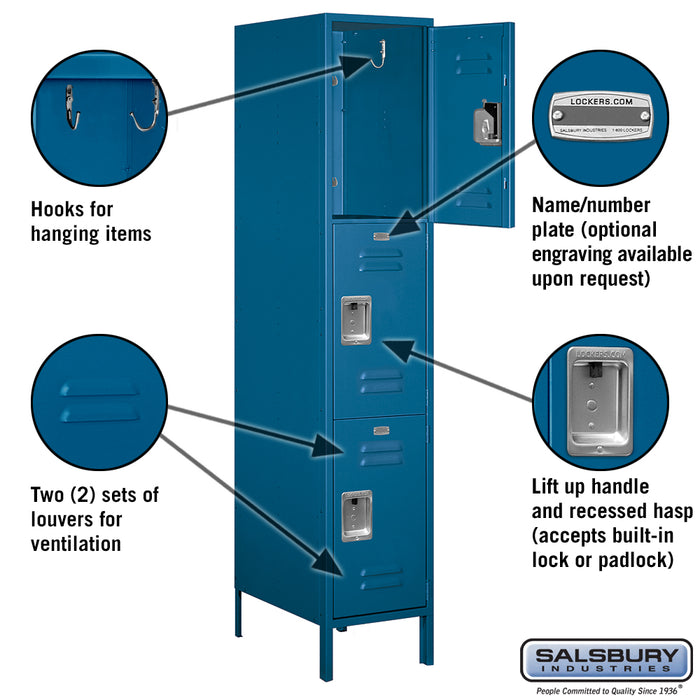 Salsbury 18" Wide Triple Tier Standard Metal Locker - 1 Wide - 6 Feet High - 21 Inches Deep - Blue - Assembled - Sweatfully