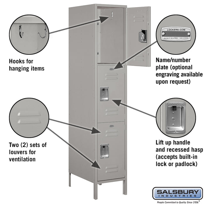 Salsbury 18" Wide Triple Tier Standard Metal Locker - 1 Wide - 6 Feet High - 21 Inches Deep - Gray - Assembled - Sweatfully