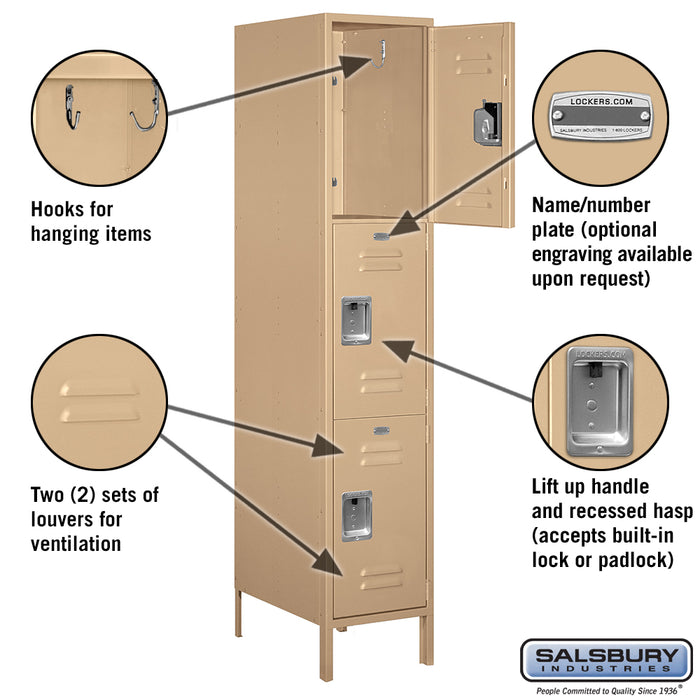 Salsbury 18" Wide Triple Tier Standard Metal Locker - 1 Wide - 6 Feet High - 21 Inches Deep - Tan - Unassembled - Sweatfully