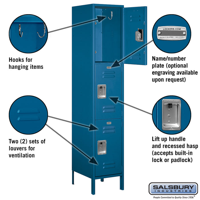 Salsbury 18" Wide Triple Tier Standard Metal Locker - 1 Wide - 6 Feet High - 18 Inches Deep - Blue - Unassembled - Sweatfully