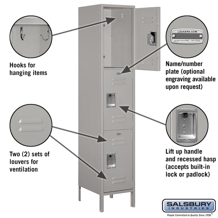 Salsbury 18" Wide Triple Tier Standard Metal Locker - 1 Wide - 6 Feet High - 18 Inches Deep - Gray - Assembled - Sweatfully