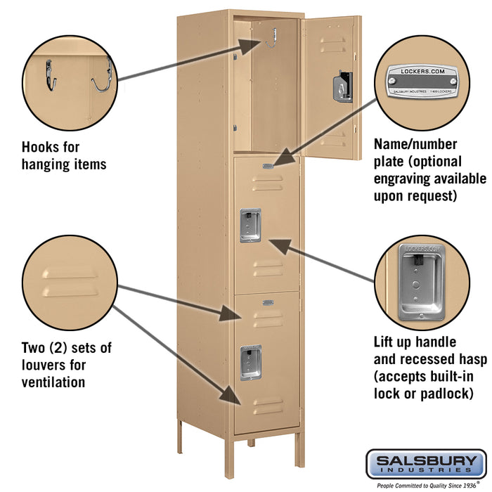 Salsbury 18" Wide Triple Tier Standard Metal Locker - 1 Wide - 6 Feet High - 18 Inches Deep - Tan - Unassembled - Sweatfully